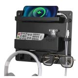 JUMEIHUI Wall Mount Shelf Organizer, Adhesive Bedside Shelf Accessories with Hooks and Cable Clips, Dorm Room Wall Storage for Phone, Remote, Earphone, Kindle, Plastic(Black)