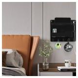 JUMEIHUI Wall Mount Shelf Organizer, Adhesive Bedside Shelf Accessories with Hooks and Cable Clips, Dorm Room Wall Storage for Phone, Remote, Earphone, Kindle, Plastic(Black)