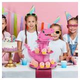 Censen 3 Tier Dinosaur Cupcake Stand Party Decorations Dinosaur Theme Cupcake Holder Decorations Dino Dessert Tower for Kids Boys Jungle Dino Theme Party Birthday Supplies (Pink)