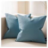 Phantoscope Pack of 2 Faux Leather Pillow Covers - Woven Leather Throw Pillows - Modern Outdoor Farmhouse Decorative Pillowcases Couch Pillows, Teal Blue 18x18 Inches