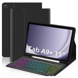 EAMPANG Case with Keyboard for Samsung Galaxy Tab A9 Plus 11 inch (SM-X210/X215/X216/X218),7 Color Rainbow Backlight Detachable USB-C Keyboard Magnetic Case with Pen Slot for Tablet A9+ 5G Black