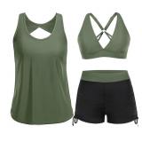 Yonique 3 Piece Tankini Swimsuits for Women Swim Tank Top Bathing Suits with Boy Shorts and Bra Athletic Swimwear Army Green M