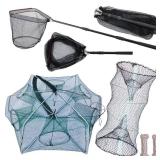 3 Pcs Foldable Fishing Net Accessories for Crab Crayfish Shrimp:Fishing Landing Net with Telescoping Pole Handle, Collapsible Crab Trap Hexagon and 2 Ropes