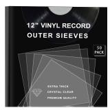 Vinyl Record Outer Sleeves 50 Pack for 12 inch Records, Loose fit, Clear Cover Protective, 3mil+ Thick, Fit for Single & Double LP Storage