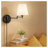 VONLUCE Wall Sconce Set of 2, Plug in & Hardwired Swing Arm Wall Lamps, Adjustable Wall Mounted Lighting Fixtures, Modern Wall Lights with Black Base White Fabric Shade for Bedside, Hallway, Study