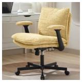 Criss Cross Legged Office Chair with Wheels and Flip-Up Arms, Upholstered Criss Cross Desk Chair, Wide Seat Chairs for Home Office, Vanity, Apartment, Yellow
