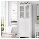 HORSTORS 67\" Tall Bathroom Storage Cabinet, Freestanding Linen Cabinet with Glass Door and Shelves, Kitchen Pantry with 2 Drawers for Bathroom, Living Room, Dining Room, Office, White