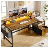 EnHomee 57\" Office Desk with Drawers and Printer Space,Computer Desk with Power Outlets,Home Office Desks with File Drawers Cabinet,Study and Gaming Desk with Shelves Monitor Stand,Rustic Brown