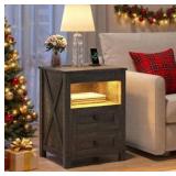 Farmhouse LED Nightstand with Gun Drawer&Invisible Lock,Modern Bedside Table with Human Sensor Design,Rustic Side Table with Wireless Charging for Living Room, Dark Oak