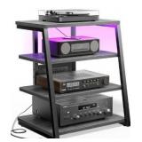 AV Media Stand with Outlets, Media Console with LED Lights, Stereo Racks and Stands with Storage Shelves, Media Audio Tower Stand, Light Grey Walnut