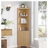 67\" Tall Corner Cabinet with Doors, 5-Tier Fluted Corner Storage Cabinet with Open Storage Adjustable Shelves, Home Space Saver for Bathroom, Kitchen, Natural Oak