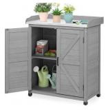 Outdoor Storage Cabinet & Potting Bench Table with Metal Top, Wooden Patio Furniture, Garden Workstation (Classic Grey, 39x31.5x17in)