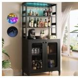 Aheaplus Bar Cabinet with Power Outlets, 67\" Tall Wine Bar Cabinet Liquor Cabinets with LED Lights and Glass Holder, Coffee Bars Station for Living Room, Microwave Stand Bakers Rack Cabinets, Black