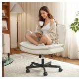 Criss Cross Chair with Wheels,Cross Legged Office Chair with 2 Layer Comfty Leather & Back,Armless Wide Vanity Chair for Home Office,Beige