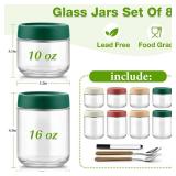 Qipecedm 8 Pack Overnight Oats Containers with Lids, Large & Small Glass Mason Jars 16oz & 10 oz, Breakfast Oatmeal Container to Go, Salad Meal Prep Jars for Food Storage, Mush Chia Seed Pudding Jars