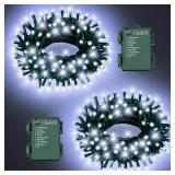 FFZZKJ White Christmas Lights Outdoor Battery Operated String Lights Total 100LED 33Ft with Timer 8 Modes 16.4Ft*2 Waterproof Outdoor Indoor for Christmas Decor, Cold White, 2-Pack