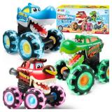 JOYIN 3 Pack Monster Truck Toy - Motion Activated Light Up Cars for Toddlers - Monster Glow Rover LED Wheels - Baby Boy Toys - Press and Go Dinosaur Trucks for Kids Boys Birthday Gifts for Christmas
