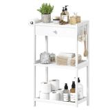 MEUIS Small Bathroom Ladder Shelf - Floor Standing Shelves with Fabric Drawer 3 Tier Freestanding Stand Shelf Farmhouse, White