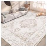 Area Rug 6x9 Vintage Rug: Washable Indoor Medallion Rugs Low Pile Distressed Floor Carpet Retro Accent Rug for Living Room Bedroom Kitchen Dining Table Home Office(Beige, 6