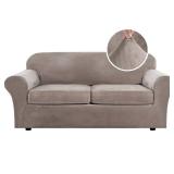 H.VERSAILTEX Real Velvet Plush 3 Piece Stretch Sofa Covers Couch Covers for 2 Cushion Couch Sofa Slipcovers Width Up to 90 Inch Feature Thick Soft Stay in Place (Large Sofa, Taupe)