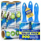 PetLovers Extra Sticky Lint Roller Mega Value Set 900 Sheets for Pet Hair Removal and Clothes, Dog and Cat Lint Remover, 8 Pack