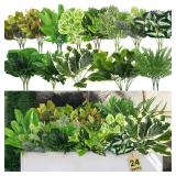 Alupssuc 24 Bundles Artificial Plants Outdoor, UV Resistant Fake Ferns Greenery Stems Shrubs Faux Bushes Leaves Plastic for Indoor Outside Porch Garden Patio Window Office Entrance Bathroom Decor