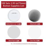Onemorello 100 Sets Button Maker Supplies, 2.95 inch / 75mm Button Parts Buttons Supplies, Approx. 3 in Blank Badge Parts with Blank Paper for Buttons Maker Machine Pin Maker Press