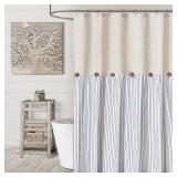 Awellife Farmhouse Blue Shower Curtain Button Linen Textured Woven Fabric,Pleated Blue Stripe,Country Style,72x72 Inch