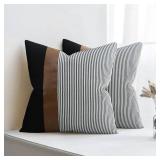 Modern Farmhouse Decorative Throw Pillow Covers 20X20 Set of 2 Black Striped Linen and Faux Leather Pillow Covers for Couch Sofa Bedroom Livingroom Neutral Accent Cozy Cushion Covers