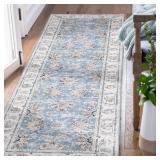COLLACT Runner Rug 2x5 - Hallway Washable Rug Floral Print Kitchen Vintage Distressed Blue Non Slip Thin Retro Farmhouse for Bedroom Bathroom Laundry Room Doorway