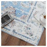 COLLACT Runner Rug 2x5 - Hallway Washable Rug Floral Print Kitchen Vintage Distressed Blue Non Slip Thin Retro Farmhouse for Bedroom Bathroom Laundry Room Doorway