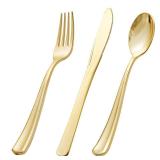 bUCLA 600 Pieces Gold Plastic Silverware - Disposable Gold Utensils - Heavyweight Plastic Cutlery set- 200 Forks, 200 Spoons, 200 Knives for Party & Thanksgiving