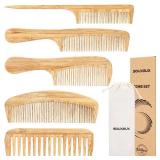 5 Pcs Natural Handmade Bamboo Anti-Static Combs Set - Wide Tooth, Rat Tail and Fine Tooth for Long, Short, Thick, Thin, Wavy or Curly Hair Detangling (Natural)