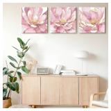 Pink Abstract Floral Canvas Wall Art, 12x12, Blossoming with Gold Foil - Set of 3 for Living Room Bedroom Bathroom