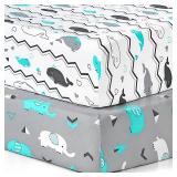 Pack n Play Sheets, BROLEX 2 Pack Mini Crib Sheets,Stretchy Portable Fitted Playard Sheet Set, Convertible Playard Mattress Cover,Ultra Soft Breathable Material,Elephant Whale