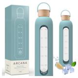 Glass Water Bottle With Time Marker - Borosilicate Reusable Waterbottle With Silicone Sleeve - For travel, Gym, Hiking - Gift For Women and Girls - Motivational Water Bottles (Gelato Blue, 32 OZ)