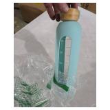 Glass Water Bottle With Time Marker - Borosilicate Reusable Waterbottle With Silicone Sleeve - For travel, Gym, Hiking - Gift For Women and Girls - Motivational Water Bottles (Gelato Blue, 32 OZ)