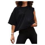 Summer Knit Cotton Workout Plus Size Crop Tops for Women Going Out Trendy Short Sleeve Yoga Shirts Casual Gym Athletic Running Cropped Womens T-Shirts Flowy Loose Fit O Neck Cute Tops Black XL