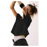 Summer Knit Cotton Workout Plus Size Crop Tops for Women Going Out Trendy Short Sleeve Yoga Shirts Casual Gym Athletic Running Cropped Womens T-Shirts Flowy Loose Fit O Neck Cute Tops Black XL