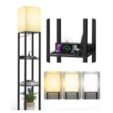 PAZZO Floor Lamp with Shelves, Shelf USB Floor Lamp, 3 Color Temperatures Solid Wood Floor Lamp with 2 Charging Ports and 1 Power Outlet, Lamps for Livingroom Bedroom, Matt Black