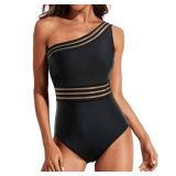 Tempt Me Women One Shoulder One Piece Swimsuits Tummy Control Bathing Suits Mesh Swimwear Black Medium