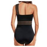 Tempt Me Women One Shoulder One Piece Swimsuits Tummy Control Bathing Suits Mesh Swimwear Black Medium