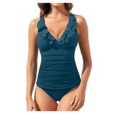 Yonique Womens Two Piece Swimsuits - Ruffle Flounce Tankini Tummy Control Bathing Suits V Neck Swimwear Malachite Green L