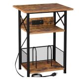 AMHANCIBLE Record Player Stand with Charging Station, Large Turntable Stand with Storage Cabinet, 3 Tier End Table Hold Up to 100 Albums, Record Stand for Vinyl, Living Room, Brown, HETCD012BR-1