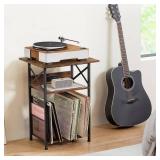 AMHANCIBLE Record Player Stand with Charging Station, Large Turntable Stand with Storage Cabinet, 3 Tier End Table Hold Up to 100 Albums, Record Stand for Vinyl, Living Room, Brown, HETCD012BR-1
