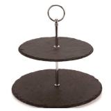 NutriChef Two Tier Slate Cake Stand-Round Multi Level Tray Serving Plate,Cupcake Holder Display,Dessert Tower,Fruit Platter w/Stainless Steel Rods and Handle,for Wedding,Birthday