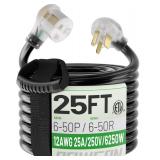POWGRN 25ft Welder Extension Cord Outdoor with LED Indicator, 12 Gauge NEMA 6-50 Heavy Duty Welding Cord 3 Prong, 250V 12AWG SJTW Black, ETL