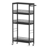 Slim Storage Cart 4 Tier Rolling Kitchen Cart Utility Serving Cart Laundry Room Narrow Cart with Handle Mobile Sheving Unit Organizer Wood Rolling Storage Cart for Bathroom Small Spaces, Modern Black
