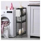 Slim Storage Cart 4 Tier Rolling Kitchen Cart Utility Serving Cart Laundry Room Narrow Cart with Handle Mobile Sheving Unit Organizer Wood Rolling Storage Cart for Bathroom Small Spaces, Modern Black