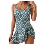 Eomenie One Piece Swimdress Swimsuits for Women Tummy Control Swim Dresses Skirt Bathing Suit Green Floral L